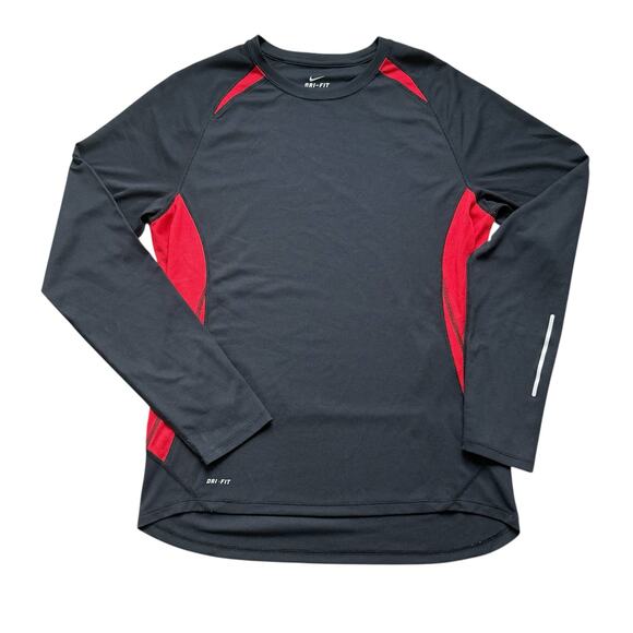 Men's M Nike Dri Fit Black Red Color Block Long Sleeve Athletic Activewear Shirt - Picture 1 of 4
